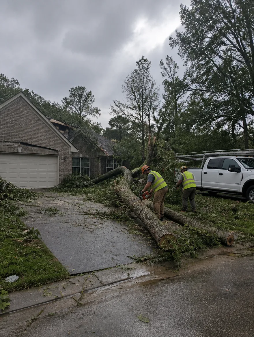 Tree service crew responding to storm damage in a North Alabama yard