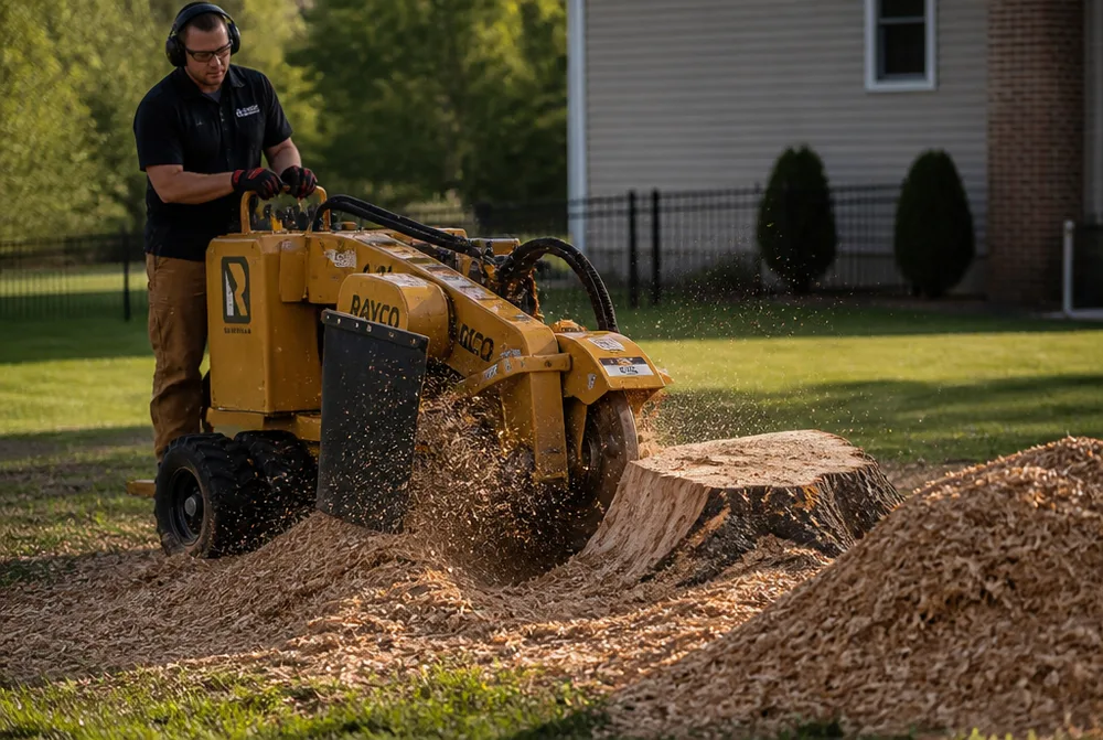 Stump grinder machine grinding down a large tree stump in a residential yard