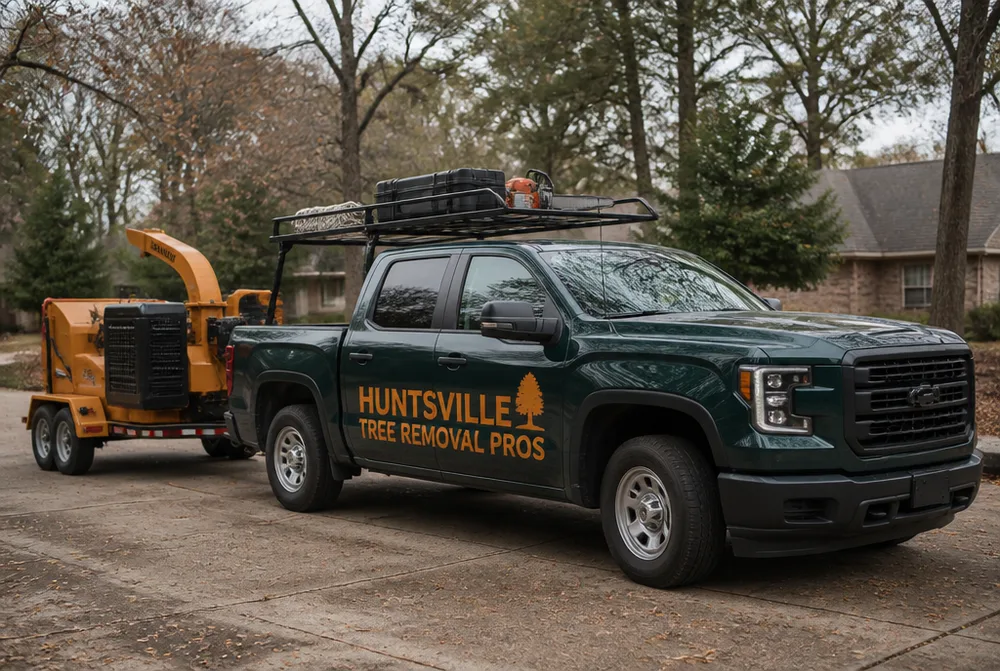 Huntsville Tree Removal Pros branded truck and wood chipper on a job site